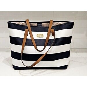 Michael Kors Navy White Stripe Coated Canvas Tote Authentic Like New